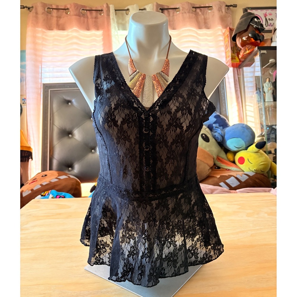 Y2K Joujou Black Floral Lace Peplum Top Button Front V-Neck Blouse Small